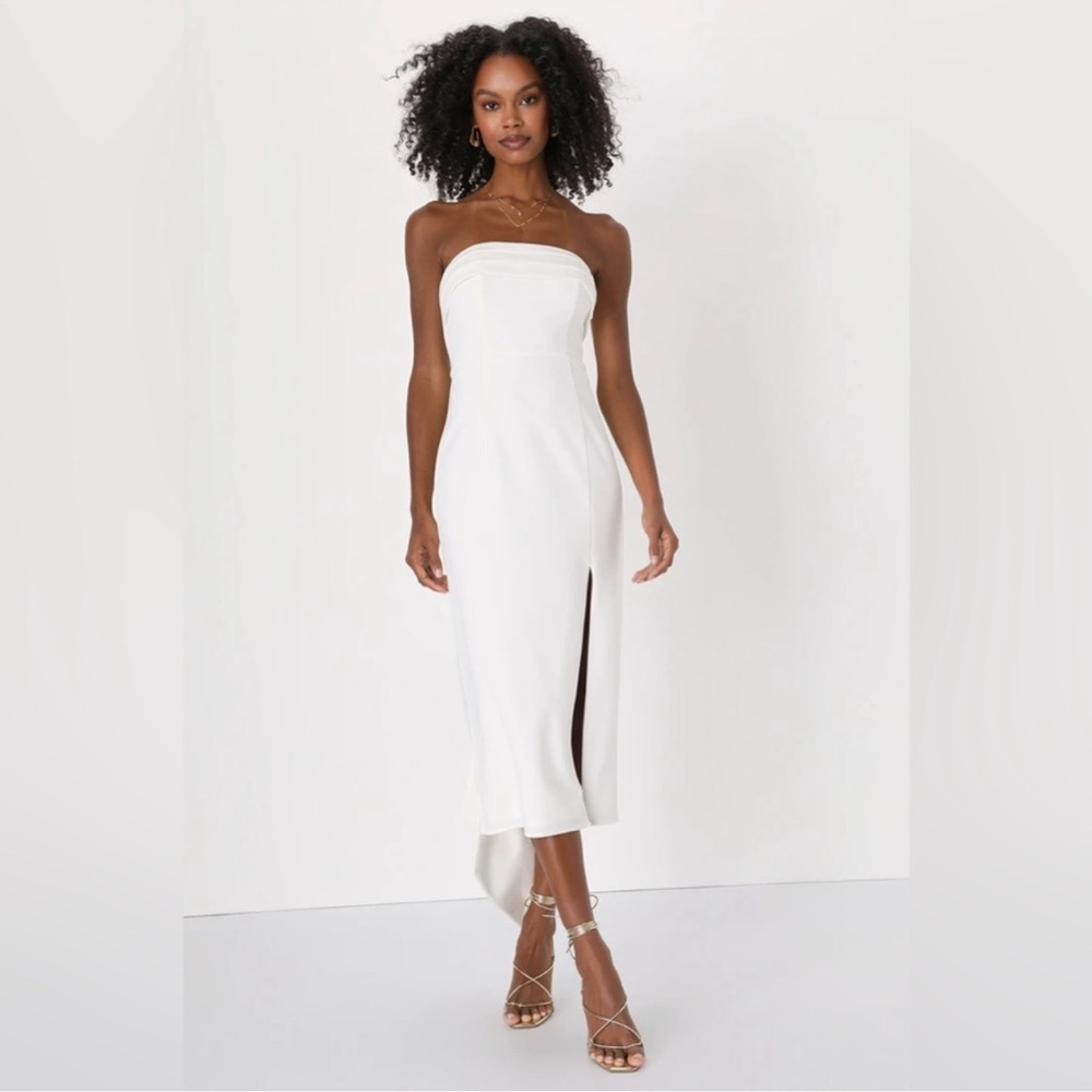 Lulus Fabulous Phenomenon White Strapless Bow Midi Dress, Size L